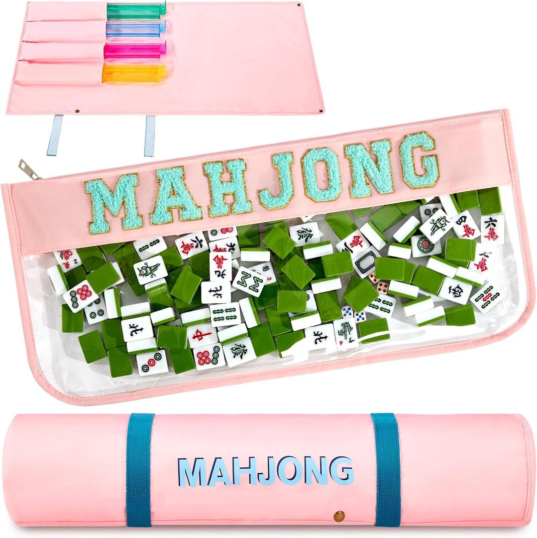 Yeyeplum 2 Pcs Mahjong Bags for Tiles and Racks Include Mahjong Tile Bag & Rack Bag, 37 Inch Protective Sleeve Tile Gift Accessory with Zipper & Letter for Mahj Pusher, Not Include Racks& Tiles(Pink)