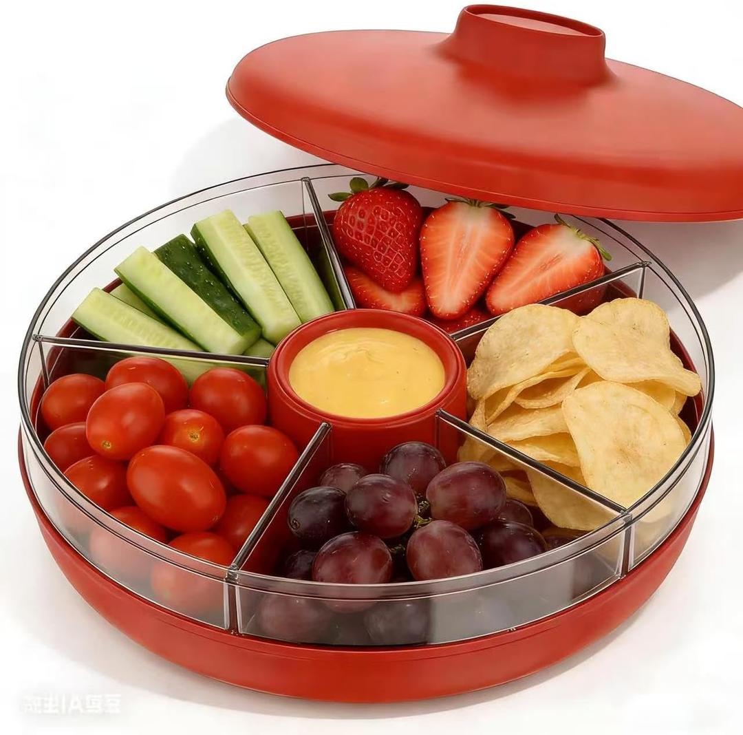 Divided Serving Tray with 5 Deep Compartments & Flip Lid  11 Rotating Fruit & Veggie Platter, 2-Tier Lazy Susan Snack Tray,BPA-Free Party Tray for Chips, Toppings, Appetizers & Holiday Hosting