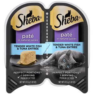 Sheba Perfect Portions Wet Cat Food Pate Tender White Fish and Tuna Entree, 2.6 oz. Twin-Pack Trays, Best By: 07/19/2027