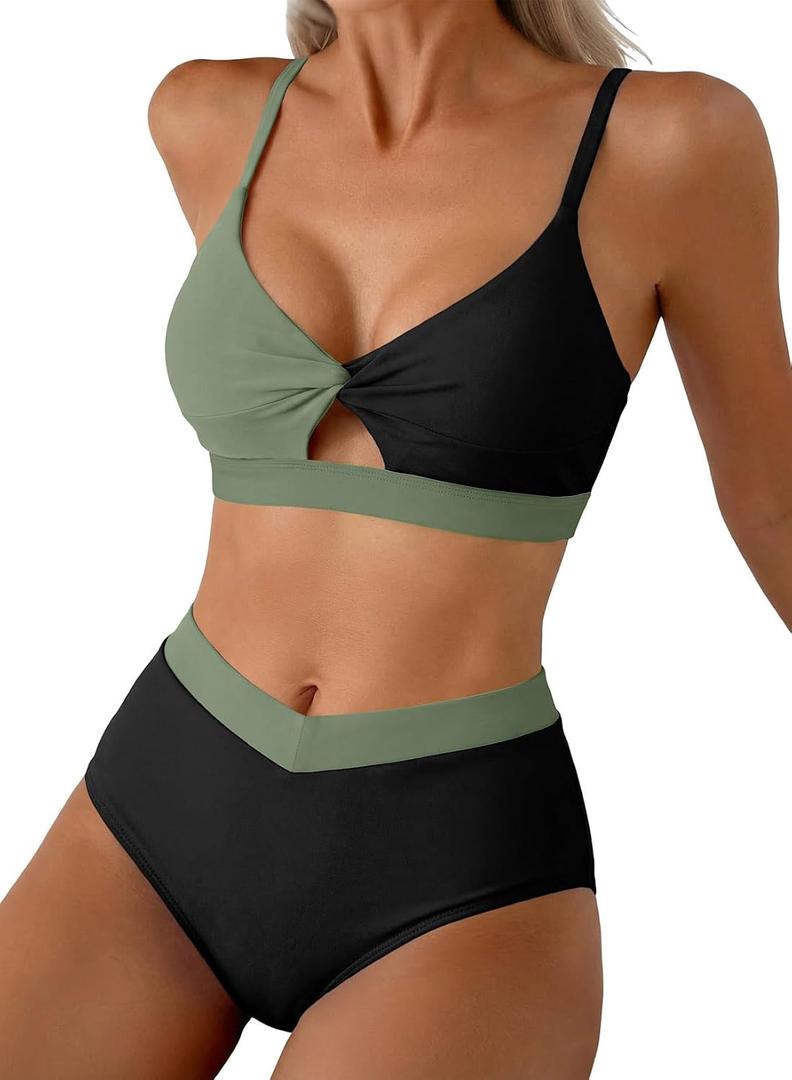 Herseas Tummy Control Swimsuits for Women Sporty Color Block Bikini Set Summer Cruise Beach Vacation Essentials Swimming Wear Neon 2 Piece Bathing Suits, Army Green Medium
