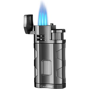 Castelar Cigar Torch Lighter Triple Flame Windproof Refillable Butane Cigar Lighter with Rest Holder Punch - Butane Not Included (Gunmetal/Black)