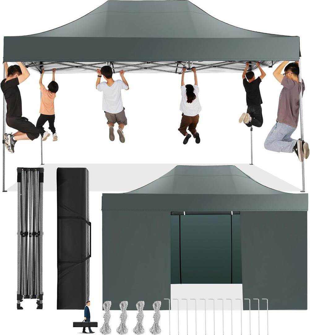 COBIZI 10x15 Pop Up Canopy with 4 Sidewall, Heavy Duty Canopy UPF 50+ All Season Wind Waterproof Commercial Outdoor Wedding Party Tents for Parties Gazebo with Carry Bag(10 x 15 ft Gray)