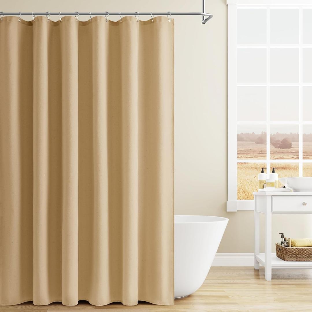 Naturoom Gold Yellow Linen Shower Curtain, Country Boho Farmhouse Bath Decor Shower Curtains Neutral Cloth Weighted Textured Fabric Bath Curtain Liner with Hooks, 72x84