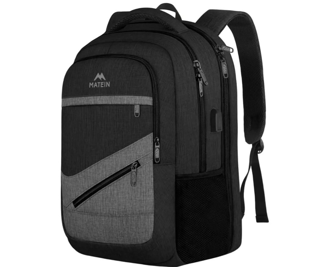 MATEIN 17 Inch Backpack for Men, Professional Work Office Laptop Backpack with USB Charging Port & Trolley Sleeve, Water Resistant Large College Daypack Travel Carry On, Black Grey