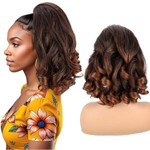 UAmy hair Curly Ends Kinky Straight Drawstring Ponytail for Women Synthetic 18inch Loose Curly Ends Long Yaki Ponytail For Daily Party Use(T1B/ 30)