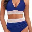 Women Tummy Control Two Piece Swimsuit - High Waisted Bathing Suit Halter Bikini Set Push Up Swimwear 2025 (Blue, L)