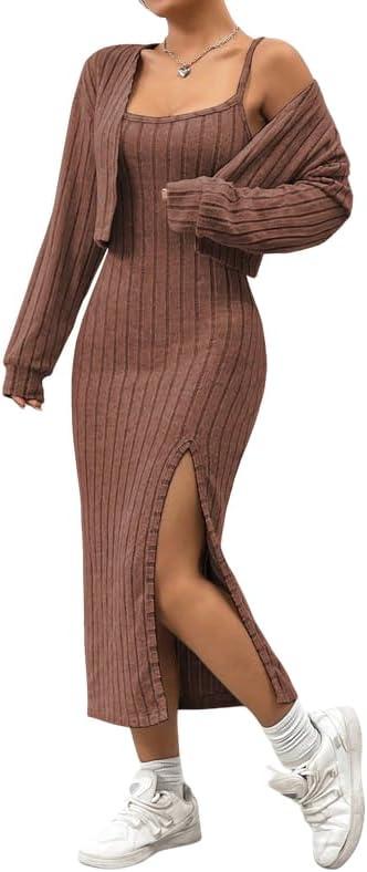 SISKIN 2 Piece Sets for Women, Fall Knit Ribbed Sweater Midi Cami Dress & Cropped Cardigan Long Sleeve Casual Outfits Set (Medium, Brown)