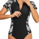 SHEKINI Women's Short Sleeve Rash Guard Swim Shirts UV Protection Zipper Surfing One Piece Swimsuit UPF 50 (XX-Large, Black Print)
