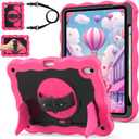 for iPad A16 11th Generation 2025 / 10th Gen Case 2022, for 11 Inch / 10.9 Inch iPad Case Heavy Duty Cover Shockproof with Pencil Holder [360 Rotate Strap] & Stand, Hot Pink