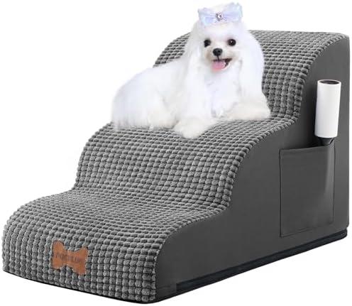 Dog Stairs for Small Dogs, Wide Pet Step with Removable Cover, No Assembly High Density Foam Cat Ramp for Bed or Sofa, 3-Step, Dark Grey