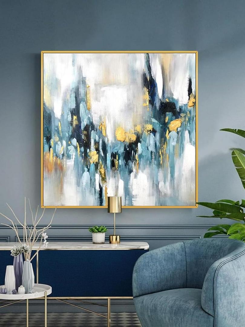 Hand-Painted Blue and Gold Abstract Oil Painting for Office. Framed Abstract Wall Art for Living Room. Blue Modern Wall Painting for Bedroom Home Decoration Ready to Hang 30x30inches, 30x30inches x1