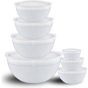 White Mixing Bowls with Lids Set of 7, Stainless Steel Nesting Bowl with Khaki Lid for Non-slip Mixing Prepping Storing Serving, 7 Sizes-7/3.6/2.7/2.1/1.5/1/0.8 QT