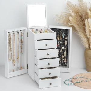 Meangood White Jewelry Box Wood for Women, 6-Layer Large Organizer Box with Mirror & 5 Drawers for Rings, Earrings, Necklaces, White