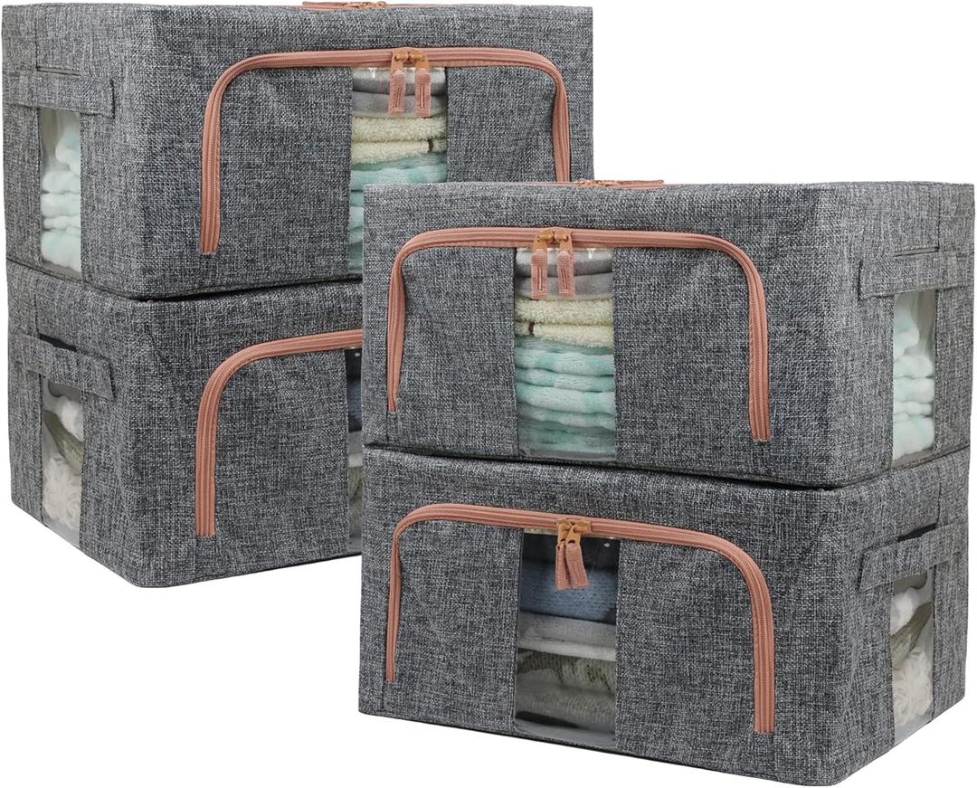 Linen Clothes Storage Bins, 4PCS Sturdy Closet Organizers and Storage Bin with Metal Frame, 2 Opening Ways Fabric Visible Lidded Storage Box for Organizing Clothing,Jeans,Sheets (4PC Gray, 22Liters)