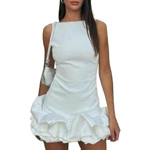 Unybwonn Women Ruffle Bubble Mini Dress Sleeveless Ruched Hem Bodycon Dresses a Line Mock Neck Tank Short Dress Large,White 
