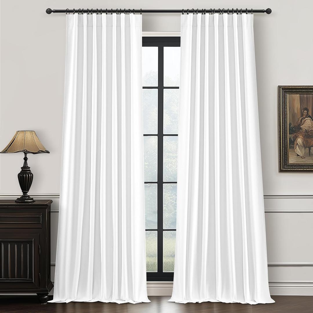 Bright White Blackout Patio Door Curtains 90 Inches Long 2 Panels Set, Cute White Cottage Core Pleated Thick Linen Curtain for Kids Bedroom Nursery Windows Room Darkening Insulated Drapes Back Tab