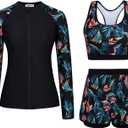 Plus Size Long Sleeve Workout Tops for Women 3 Piece Rashguard Swimsuit Modest Swimwear Blue Leaves 2XL