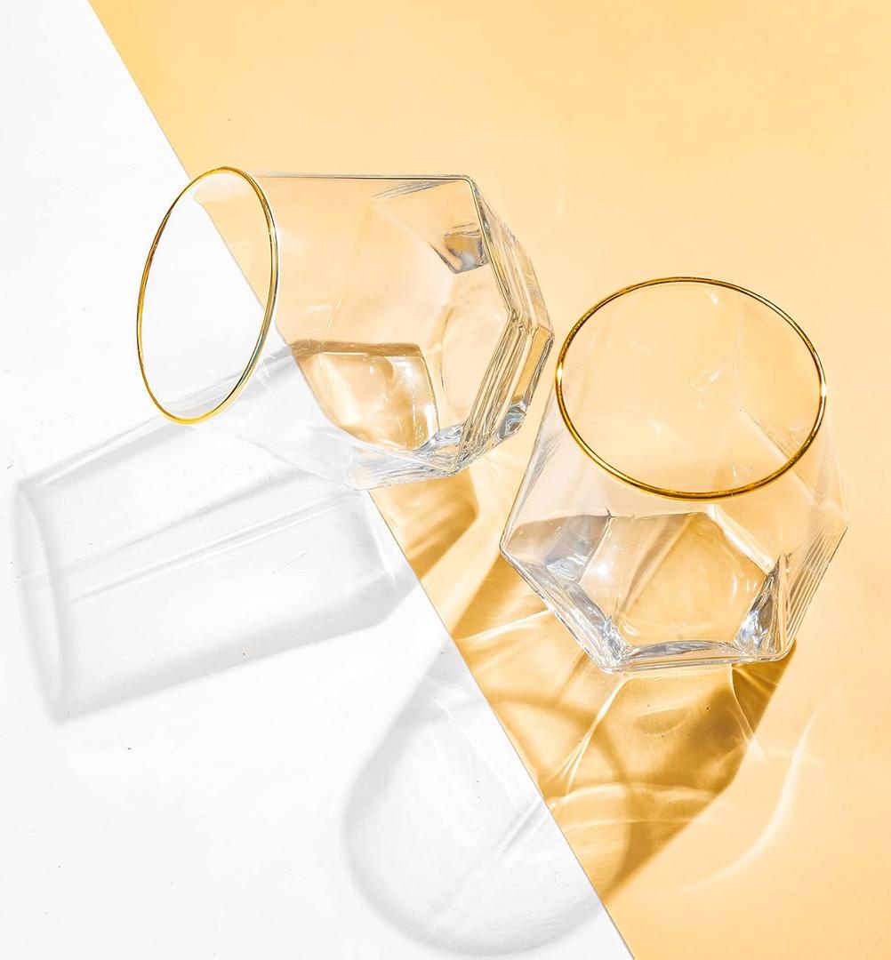 Diamond Wine Glass Set of 2, Modern Stemless Golden Edge Glass Cups Drinking Glassware for Serving Party,Home,Bar, Restaurants Transparent