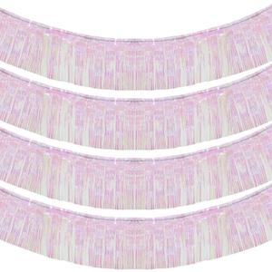 10 Feet by 15 Inch Iridescent White Foil Fringe Garland - Pack of 4 | Metallic Tinsel Banner | Ideal for Parade Floats, Bridal Shower, Wedding, Birthday, Christmas | Wall Hanging Drapes (4)