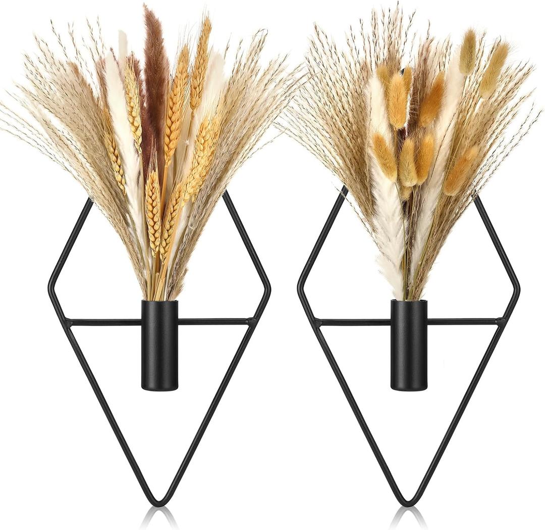 Peryiter 2 Pcs Small Boho Wall Decor Hanging Planters with Artificial Pampas Metal Wall Art Modern Home Decor Display Art for Bedroom Bathroom Living Room(Black)