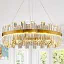 23.6" Dimmable Modern LED Crystal Chandeliers,Gold Chandelier Light Fixture, 3 Colors Contemporary Pendant Ceiling Light for Dining Room Living Room Kitchen Island Entryway Foyer ,With Remote Control