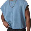 GORGLITTER Men's Dolman Sleeve Crop Vest Top T Shirts Crewneck Loose Pullover Tank Tops (Blue, L)