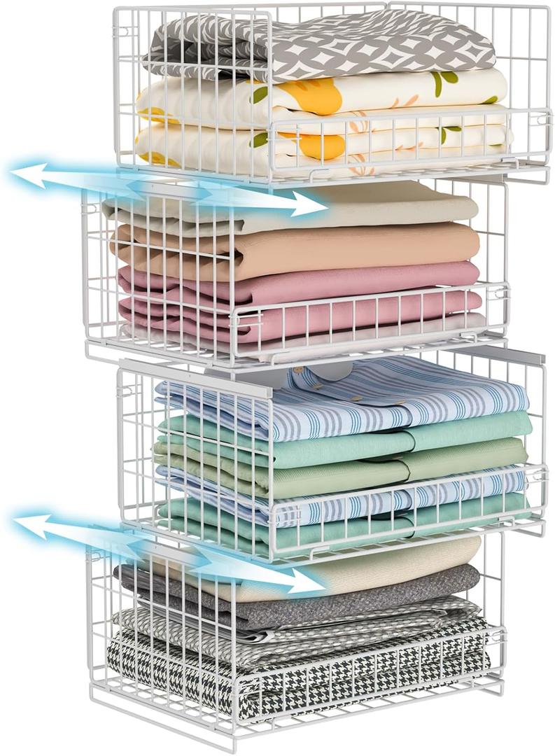 Hongtamoya 4-Tier Sliding Closet Organizers and Storage Shelves, Stackable Closet Shelf Organizer Basket Bins, Drawer Shelf Storage Container for Wardrobe Cupboard Kitchen Bathroom Office, White