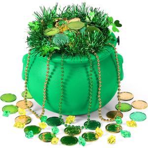 Sratte 308 Pcs St Patrick's Day Candy Cauldron Kettle with Handle Set, Pot of Gold Shamrock Coin Gem Leprechaun Clover Necklace Lucky Jewelry Treasure for Table Decor Centerpiece(Retro,Green)