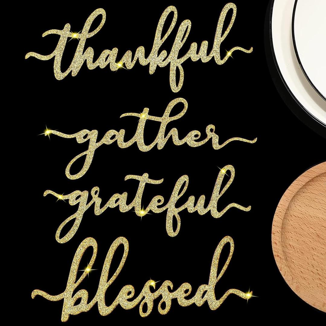 Cunhill 8 Pcs Thankful Plate Sign Thanksgiving Wooden Cutout Fall Dining Table Settings Decorative Thankful Grateful Blessed Gather Family Sign Rustic Home Table Decorations(Glitter Gold)