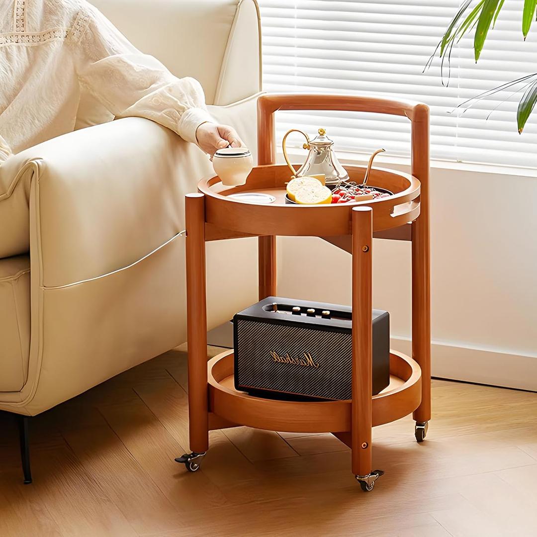 Side Table with Wheels, Mid Century Modern Rolling End Table, Solid Wood Round End Table with Detachable Tray, Small Accent Table, Movable Coffee Table Cart(Natural), 15 inches x 15 inches x 26 inches