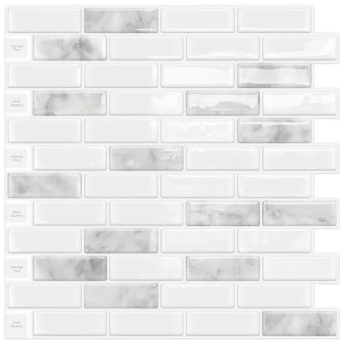 DEWOO Kitchen Backsplash Self Adhesive Wall 3D Marble Tiles Peel and Stick Bathroom, Grey (Sheet, 12"×12"), 7 Pieces