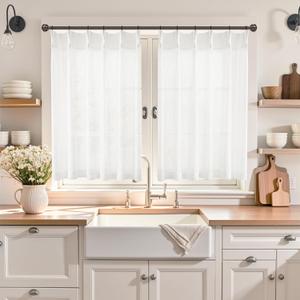 Linen Kitchen Curtains,20 Inch Length Light Filtering Sheer Short Cafe Window Curtains Tier,Pinch Pleated Small Kitchen Drapes for Windows,2 Panels,(24" W x 20" L White)