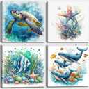 dgbtcart Ocean Wall Art Bathroom Decor – Watercolor Sea Turtle, Starfish Whale Canvas Prints – Coastal Beach Themed 4-Piece Set, 16x16 Modern Nautical Painting for Home, Bedroom, Kids Room