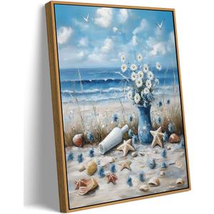 Framed Blue Ocean Beach Canvas Wall Art Coast Seashell Starfish painting Decor Pictures Blue Seaside White Daisy Posters Prints for Modern Coastal Themed Home Decoration Bathroom Room Decoration (10"L x 8"W)
