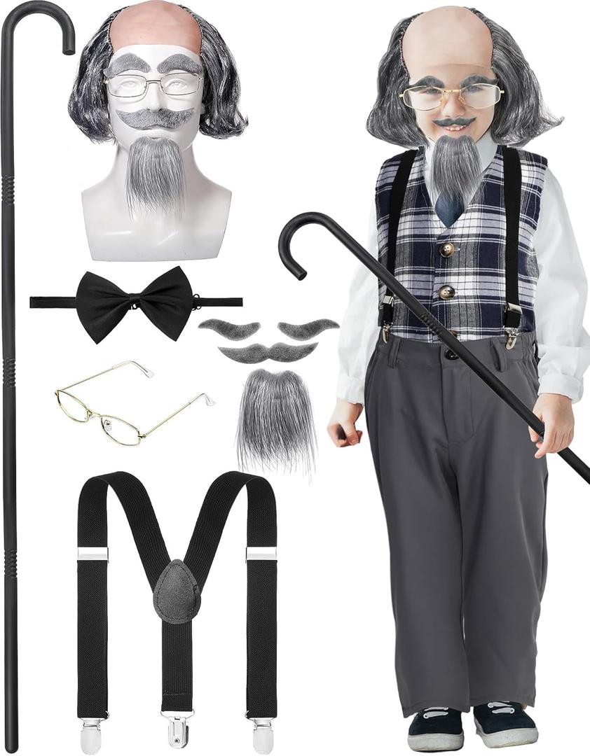 WILLBOND 10 Pcs Old Man Costume for Boys 100 Days of School Halloween Grandpa Costume for Kids Pants, Vest, Wigs Cosplay Set (Medium)