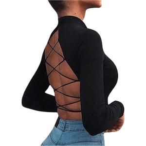 SOLY HUX Women's Open Back Tops Mock Neck Long Sleeve Criss Cross Backless T Shirt Going Out Crop Top (Plain Black), S