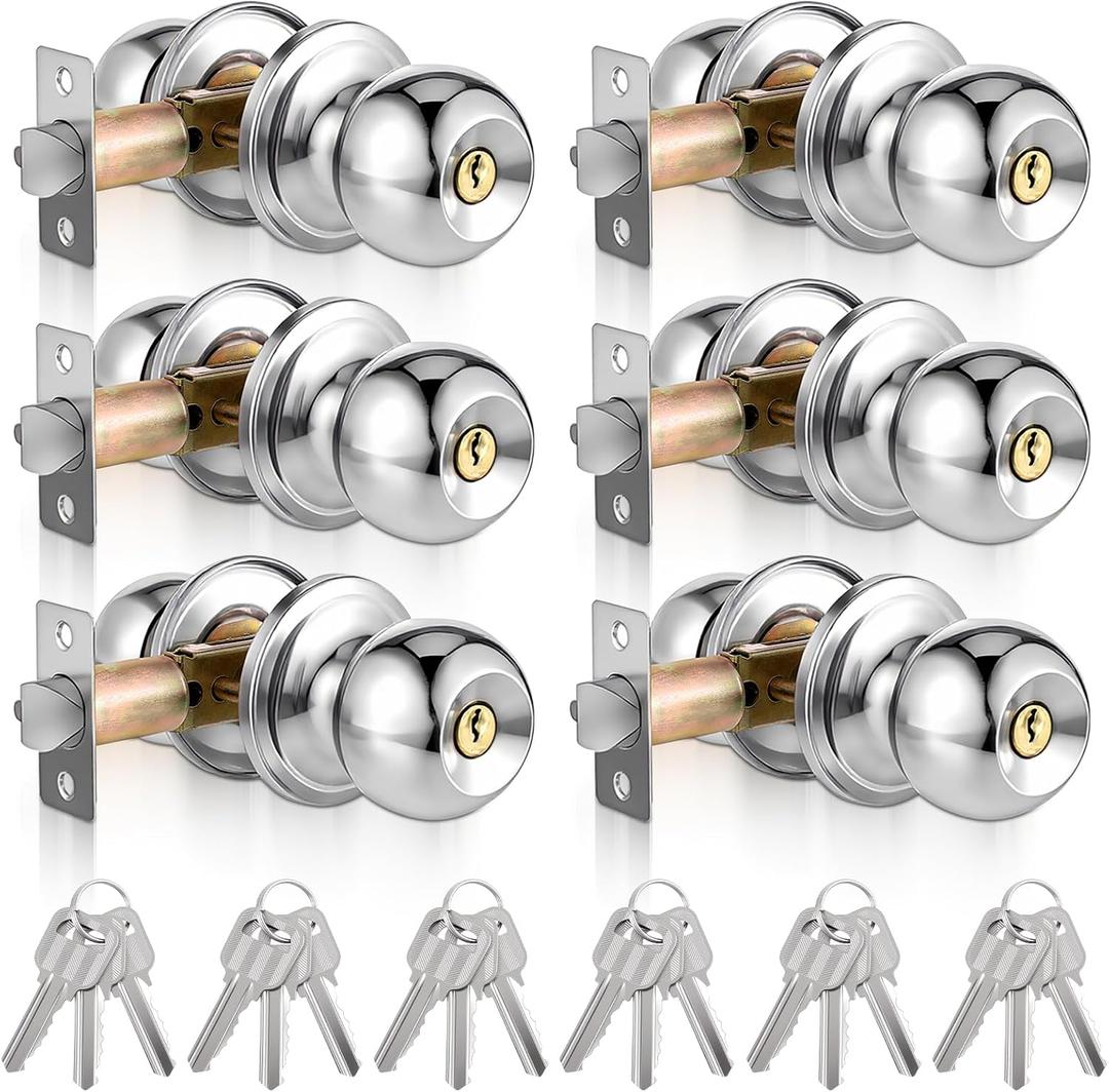 6Pcs Door Knob with Lock and Key, Stainless Steel Exterior Door Locks 60-70mm Adjustable Latch Interior Door Knobs Lock for Bedroom Bathroom Entry Doors, Silver