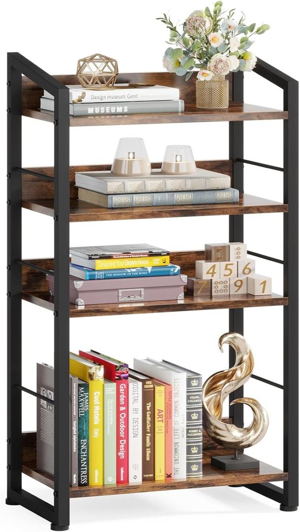 Hosfais Book Shelf Small Bookshelf: 4-Tier Wood Bookcase Industrial Bookshelf with Edge Protection Metal Narrow Bookcase Storage Organizer Display Rack for Bedroom Home Office (Brown)