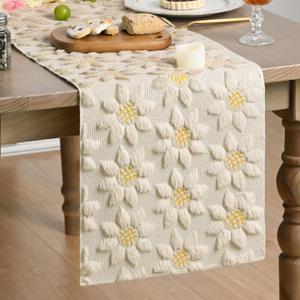 Artoid Mode Beige Soft Plush Faux Fur Jacquard Embroidery Sunflower Spring Table Runner, Kitchen Dining Table Decoration for Home Party Decor 13x72 Inch