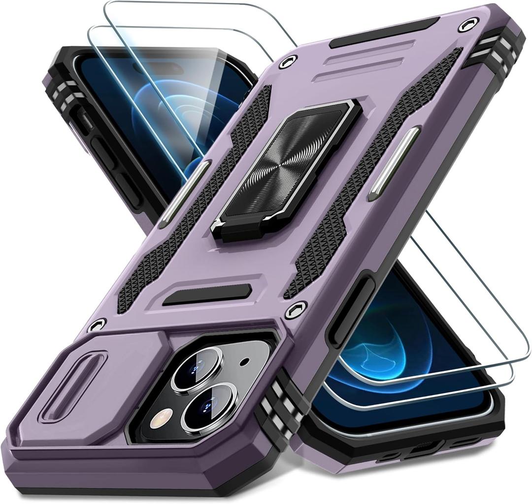 DEERLAMN Case for iPhone 15 with Slide Camera Cover + Screen Protector (2 Packs), Rotated Ring Kickstand Military Grade Shockproof Protective Cover-Deep Purple