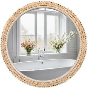 FUIN 24" Rattan and Wood Round Mirror for Boho Bathroom, Entryway, Living Room Decor