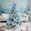 6 Pcs Large Coastal Christmas Ornaments 9.8 Ocean Beach Artificial Poinsettias Christmas Tree Decor Blue Glitter Poinsettia Flower Picks with Starfish Sea Shells for Xmas Tree Decor Wreath Garland
