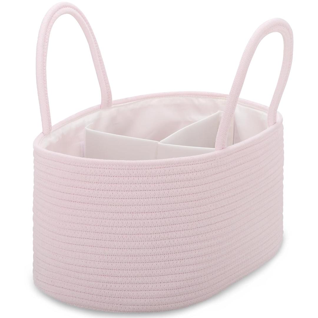COMSE Large Baby Diaper Caddy Organizer for Girl Boy, Car Caddy with Handles, Cotton Rope Basket for Changing Table, Nursery Organizer, Gift for Baby Shower and Registry Must Have, Light pink
