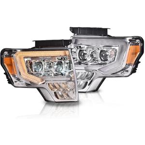LQI LED Tube Headlights Assembly, Compatible with 2009 2010 2011 2012 2013 2014 Ford F150 LED Tube Dual Projector Headlights Assembly with SwitchbackClear lens Chrome Housing Amber Reflector