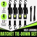 Retractable Ratchet Straps, 4-Pack, 1 Inch x 12 Feet, 1,760lb Break Strength, Self Retracting Tie Down for Truck, Cargo Trailer, Motorcycle, ATV, UTV (Black, 4pack)