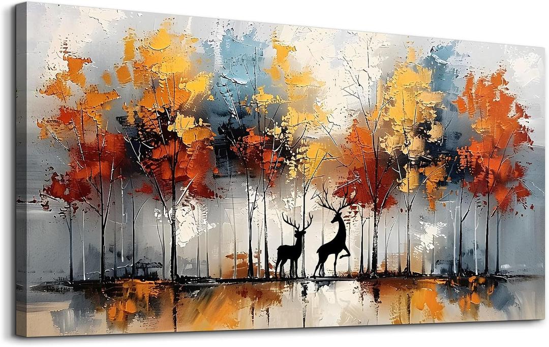 Lapremoly Large Canvas Wall Art For Living Room Wall Decor For Bedroom Modern Office Decorations Textured Abstract Wall Pictures Elk Forest Landscape Paintings Canvas Art Prints Home Decor Artwork, 40"L x 20"W, Elk Forest Landscape Painting