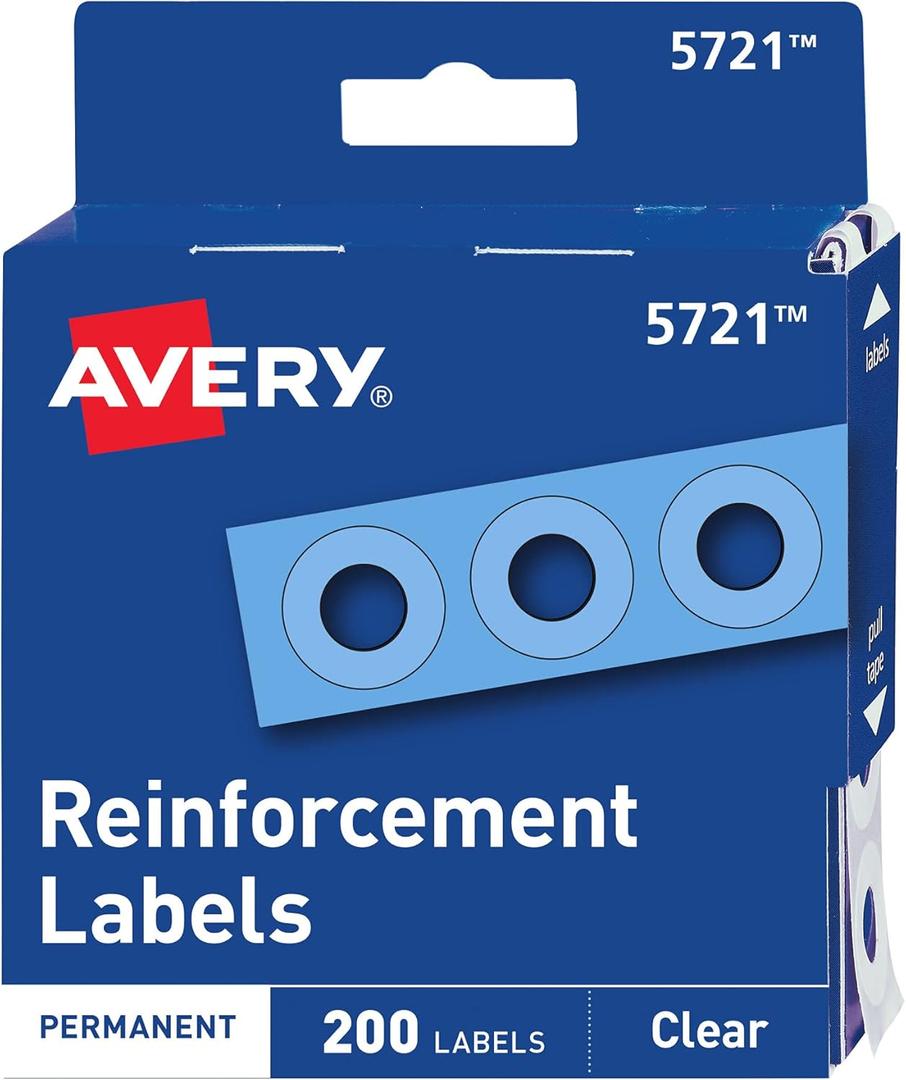 Avery Self-Adhesive Hole Reinforcement Stickers, 1/4" Diameter Hole Punch Reinforcement Labels, Clear, Non-Printable, 200 Labels Total (5721)
