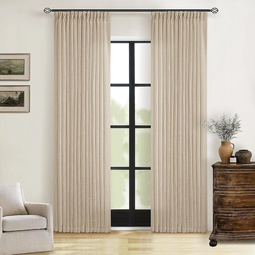 Burlap Beige Semi Sheer Curtains 80 Inches Long for Living Room Textured Linen Blended Light Filtering Window Curtains Pinch Pleated Back Tab Drapes with Hooks Rings 2 Panels Aestheti, Sand Cream