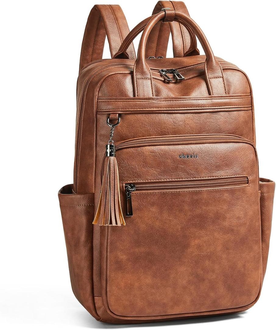 Shrrie Laptop Backpack for Women 15.6 inch Travel Leather Backpack Purse Work Computer Backpacks for Business College Brown (Brown)