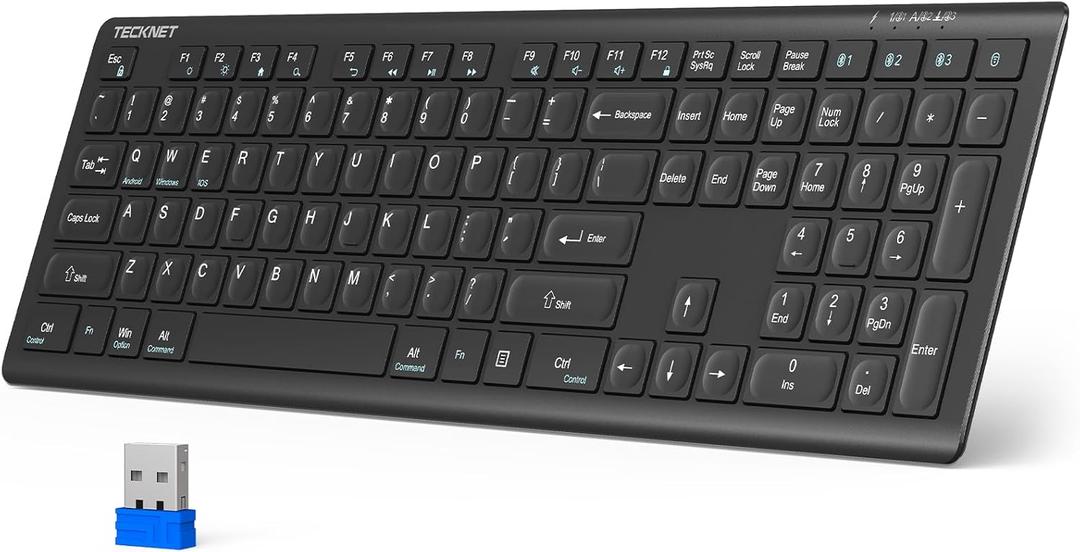 TECKNET Bluetooth Keyboard Rechargeable, 4-Device (2.4G+BT) Wireless Keyboard, Full Size Computer Keyboard with Stand, Ultra-Slim Quiet Typing, for PC/Laptop/Smart TV/Phone/Tablet, 12 Hotkeys (All Black)